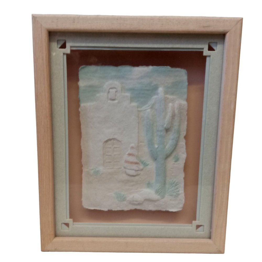 Vintage Southwest Cactus Wall Art Paper Mache Cast Framed Sculpture 1980s Pastel